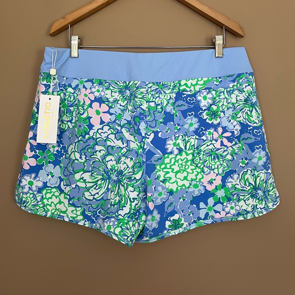 Lilly Pulitzer Blue Floral Athletic Shorts with Green and Pink Accents